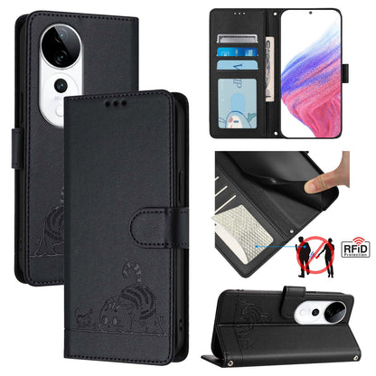 vivo S19 Pro Cat and Rat Embossed Pattern, RFID Leather Phone Case with Lanyard, Kickstand, and Wallet Features