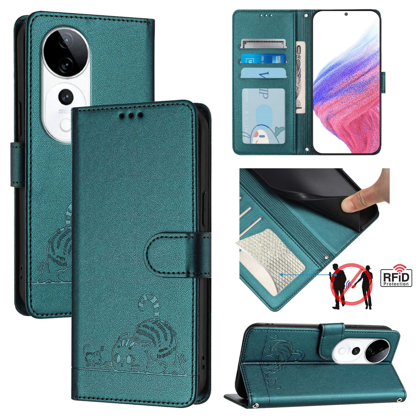 vivo S19 Pro Cat and Rat Embossed Pattern, RFID Leather Phone Case with Lanyard, Kickstand, and Wallet Features