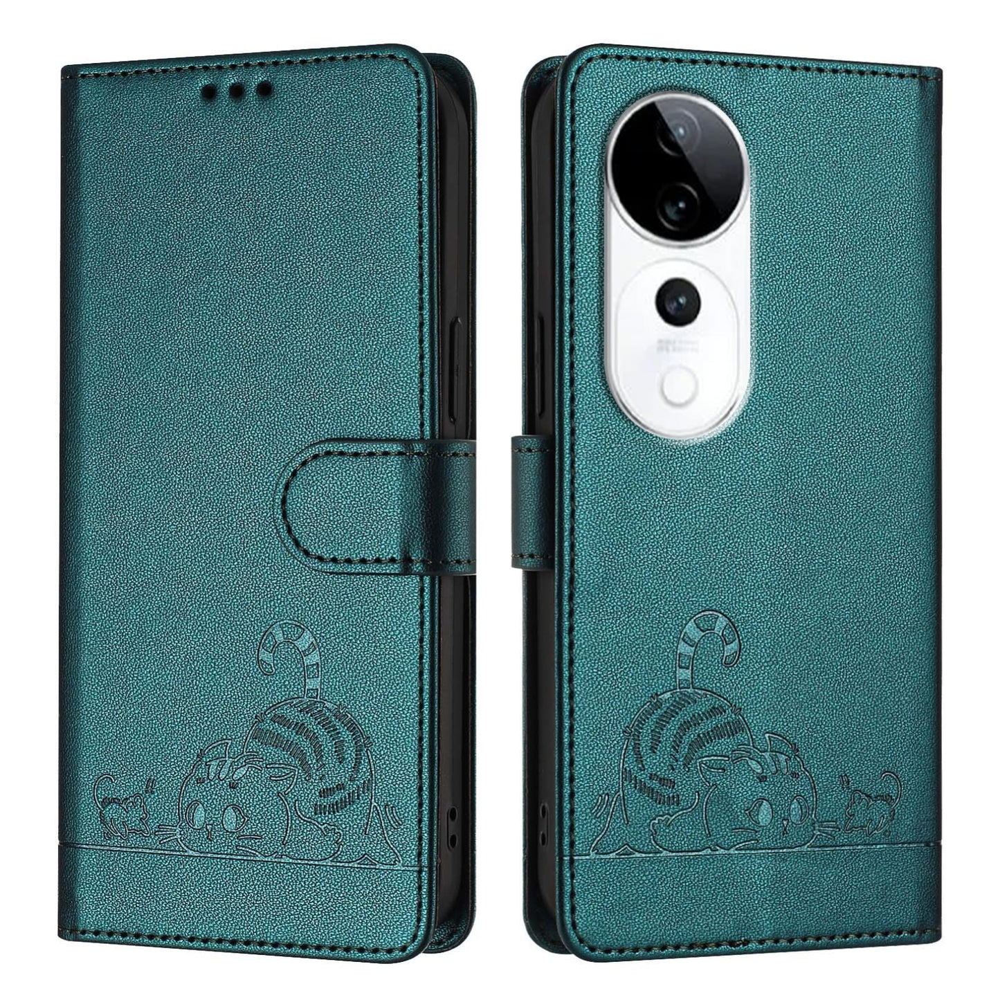 vivo S19 Pro Cat and Rat Embossed Pattern, RFID Leather Phone Case with Lanyard, Kickstand, and Wallet Features