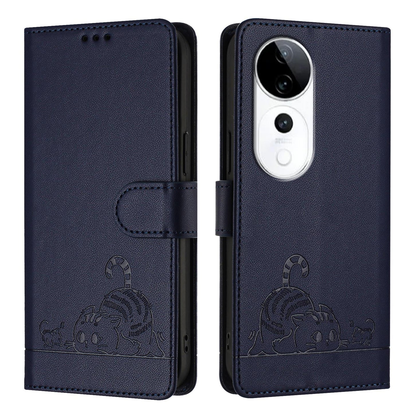 vivo S19 Pro Cat and Rat Embossed Pattern, RFID Leather Phone Case with Lanyard, Kickstand, and Wallet Features