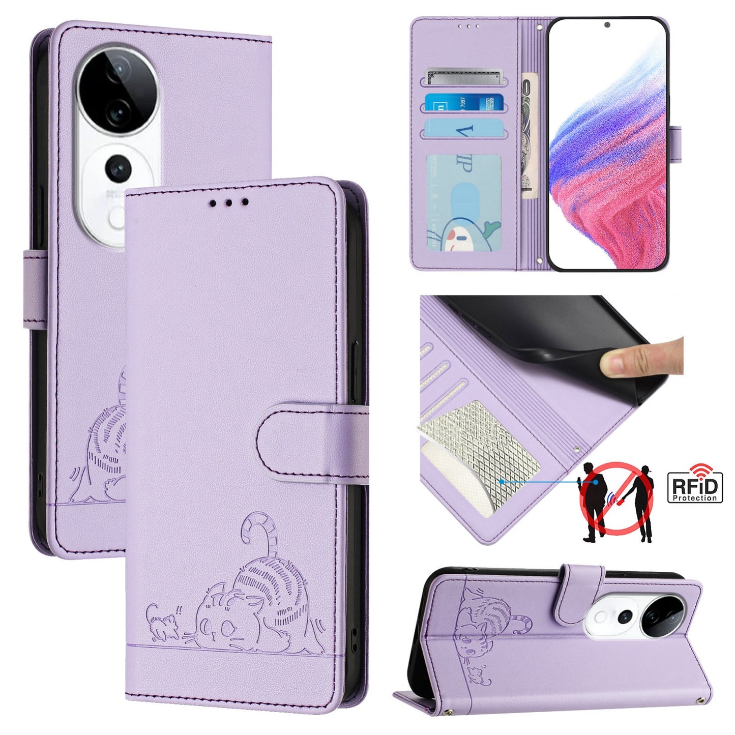 vivo S19 Pro Cat and Rat Embossed Pattern, RFID Leather Phone Case with Lanyard, Kickstand, and Wallet Features