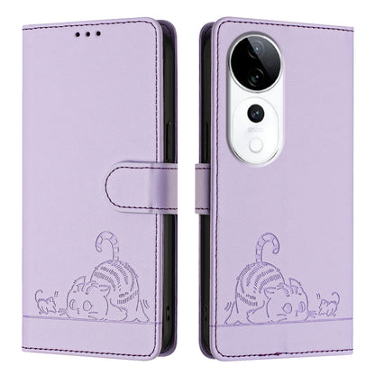 vivo S19 Pro Cat and Rat Embossed Pattern, RFID Leather Phone Case with Lanyard, Kickstand, and Wallet Features