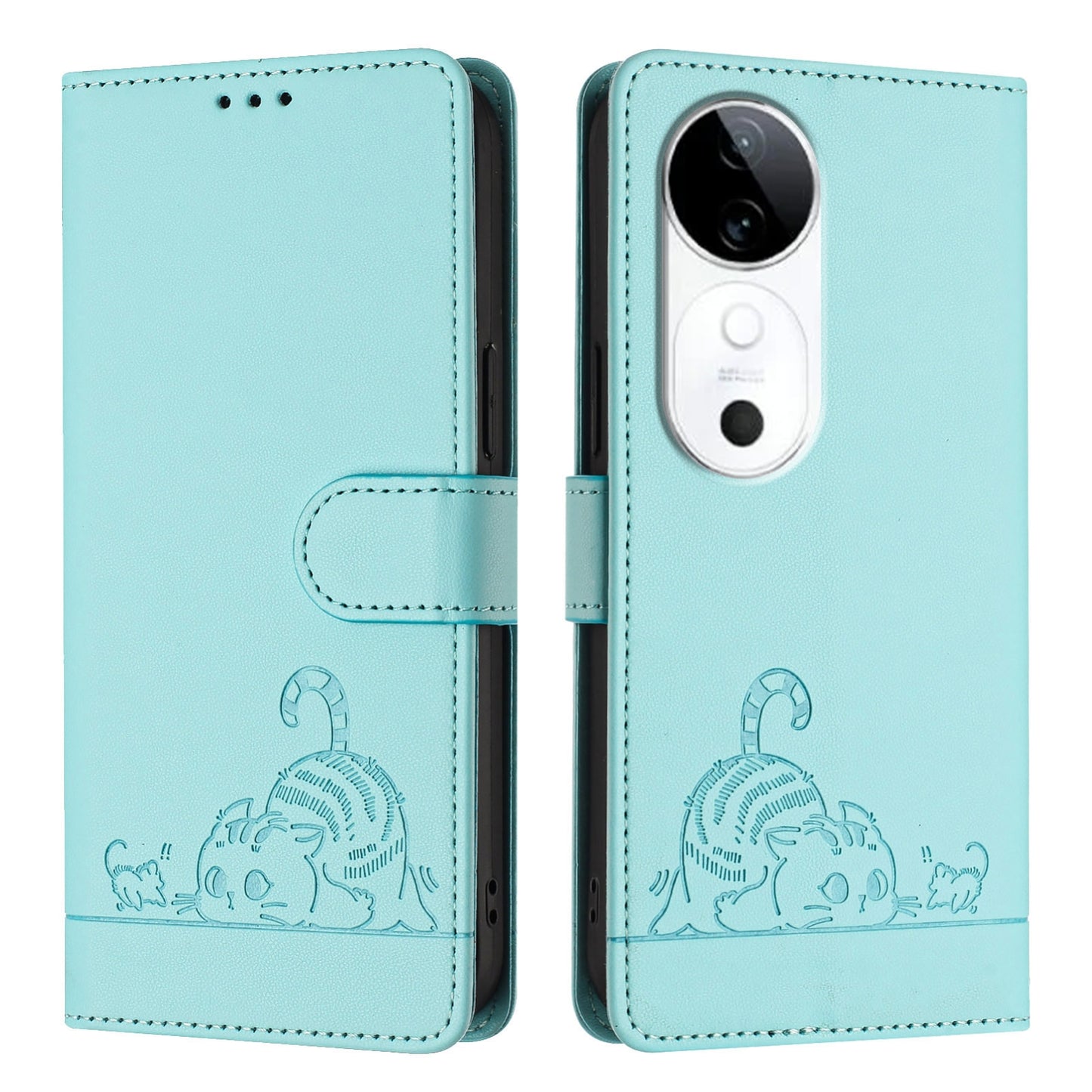 vivo S19 Cat and Rat Embossed Pattern, RFID Leather Phone Case with Lanyard, Kickstand, and Wallet Features