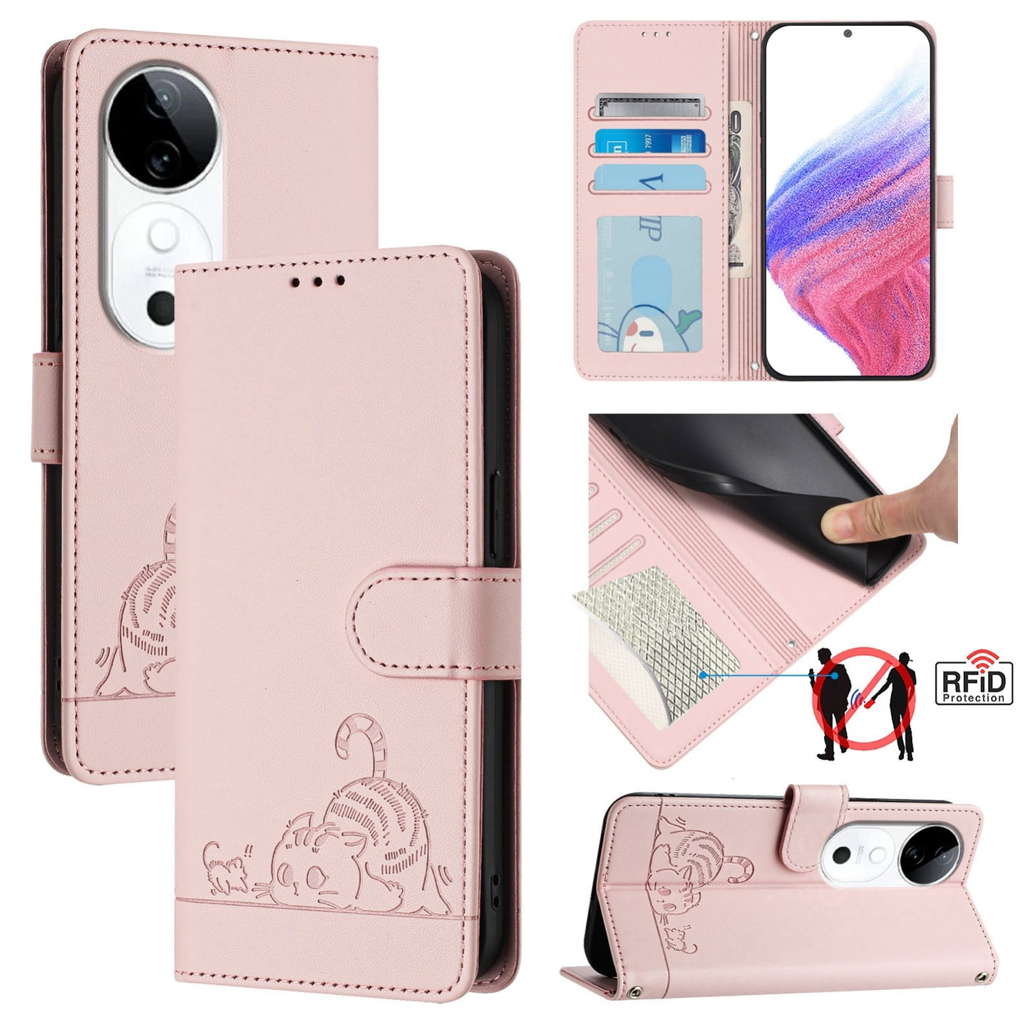 vivo S19 Cat and Rat Embossed Pattern, RFID Leather Phone Case with Lanyard, Kickstand, and Wallet Features