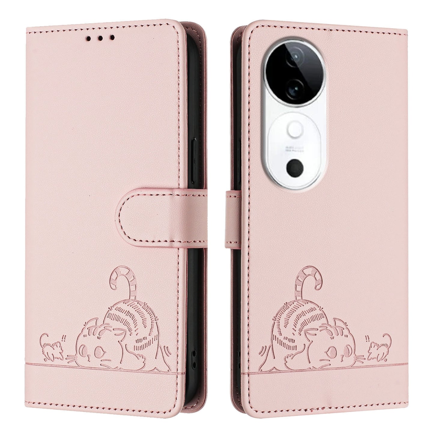 vivo S19 Cat and Rat Embossed Pattern, RFID Leather Phone Case with Lanyard, Kickstand, and Wallet Features