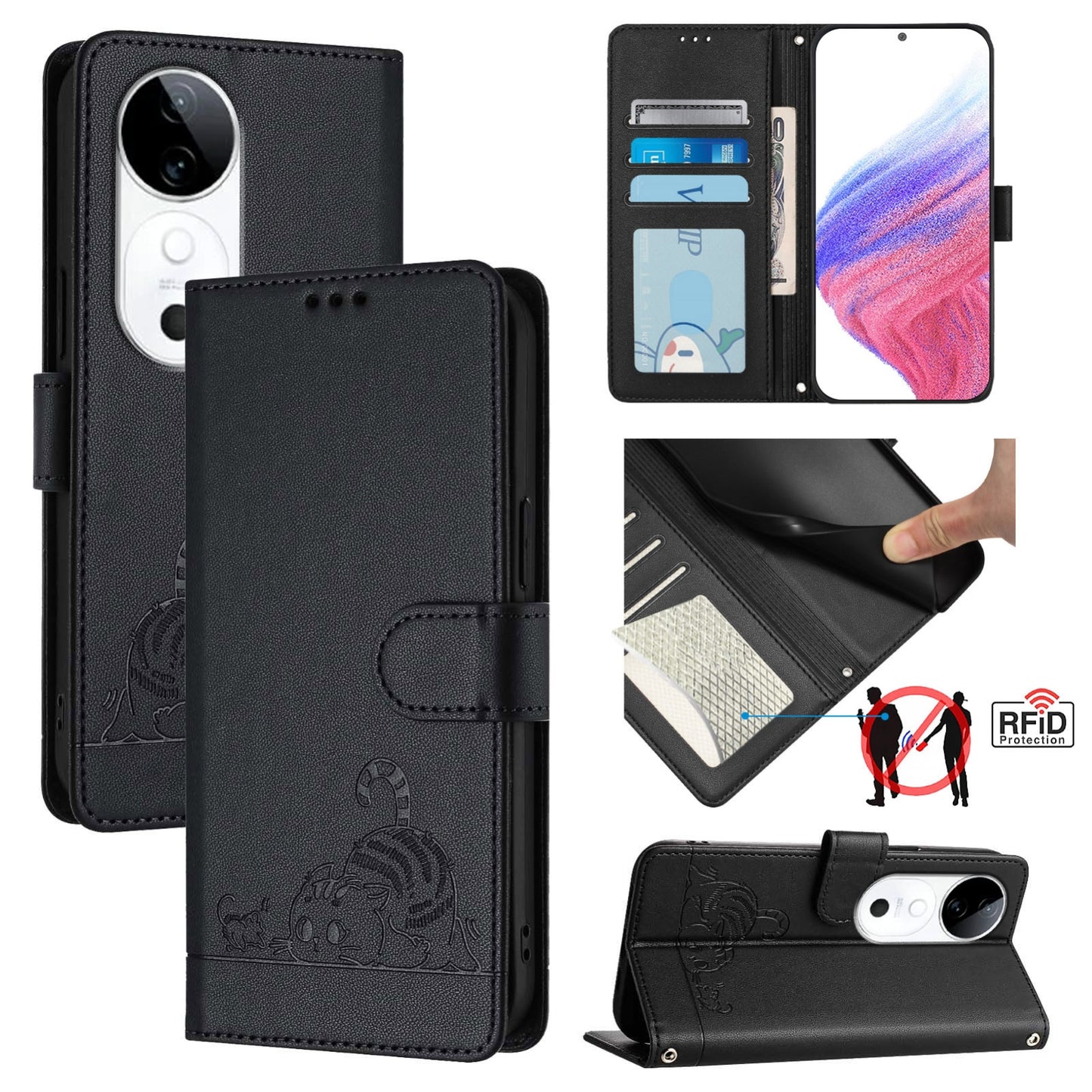 vivo S19 Cat and Rat Embossed Pattern, RFID Leather Phone Case with Lanyard, Kickstand, and Wallet Features