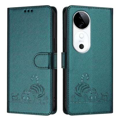 vivo S19 Cat and Rat Embossed Pattern, RFID Leather Phone Case with Lanyard, Kickstand, and Wallet Features