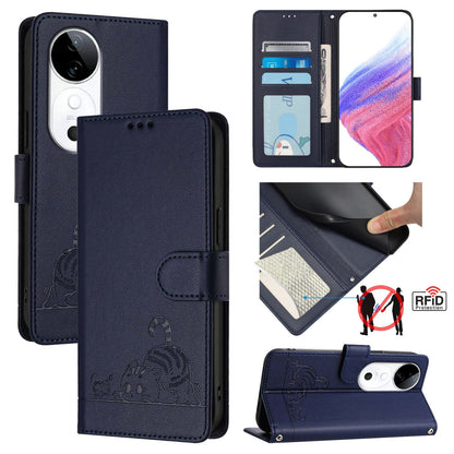 vivo S19 Cat and Rat Embossed Pattern, RFID Leather Phone Case with Lanyard, Kickstand, and Wallet Features