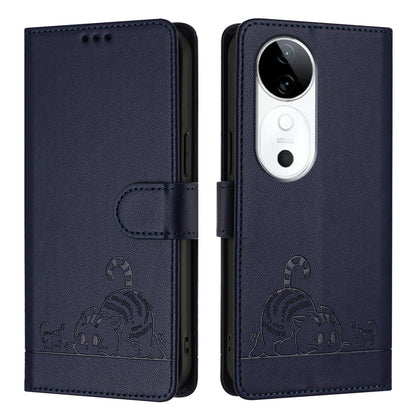 vivo S19 Cat and Rat Embossed Pattern, RFID Leather Phone Case with Lanyard, Kickstand, and Wallet Features