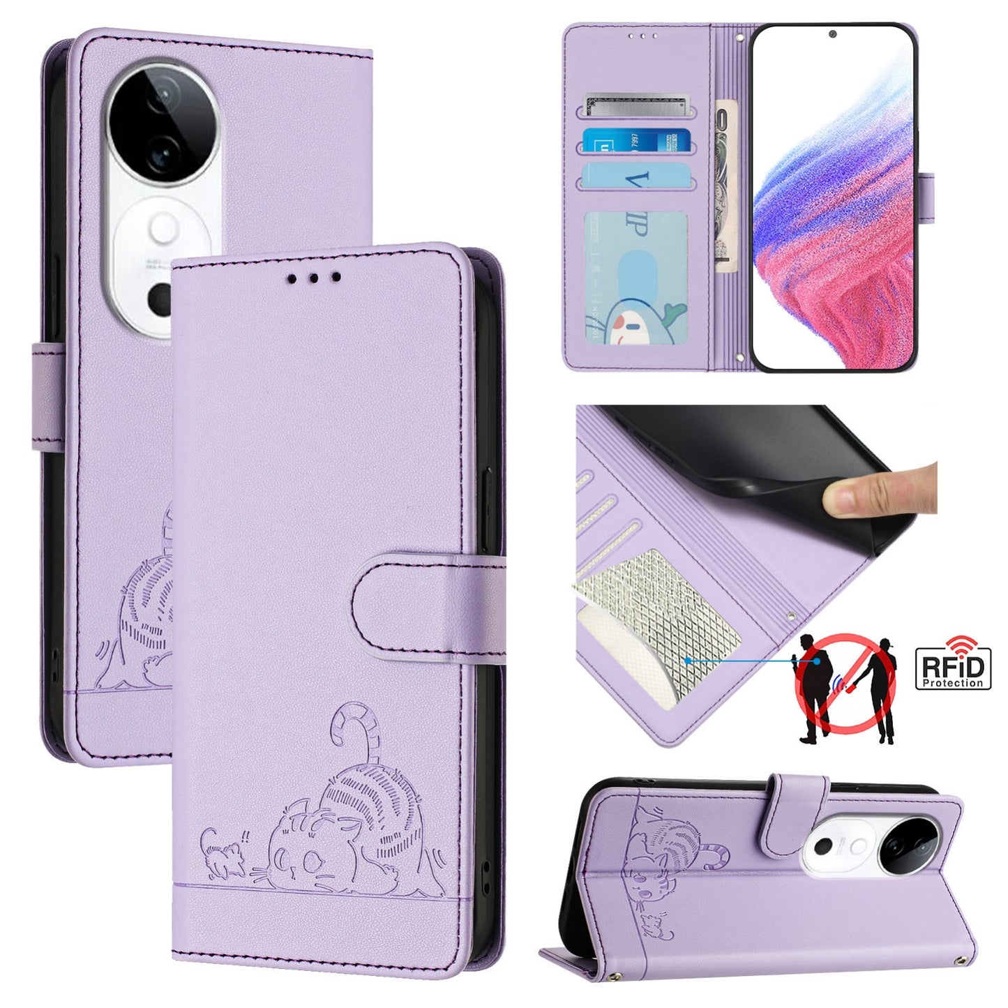 vivo S19 Cat and Rat Embossed Pattern, RFID Leather Phone Case with Lanyard, Kickstand, and Wallet Features