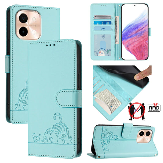 vivo Y28 4G Cat and Rat Embossed Pattern, RFID Leather Phone Case with Lanyard, Kickstand, and Wallet Features