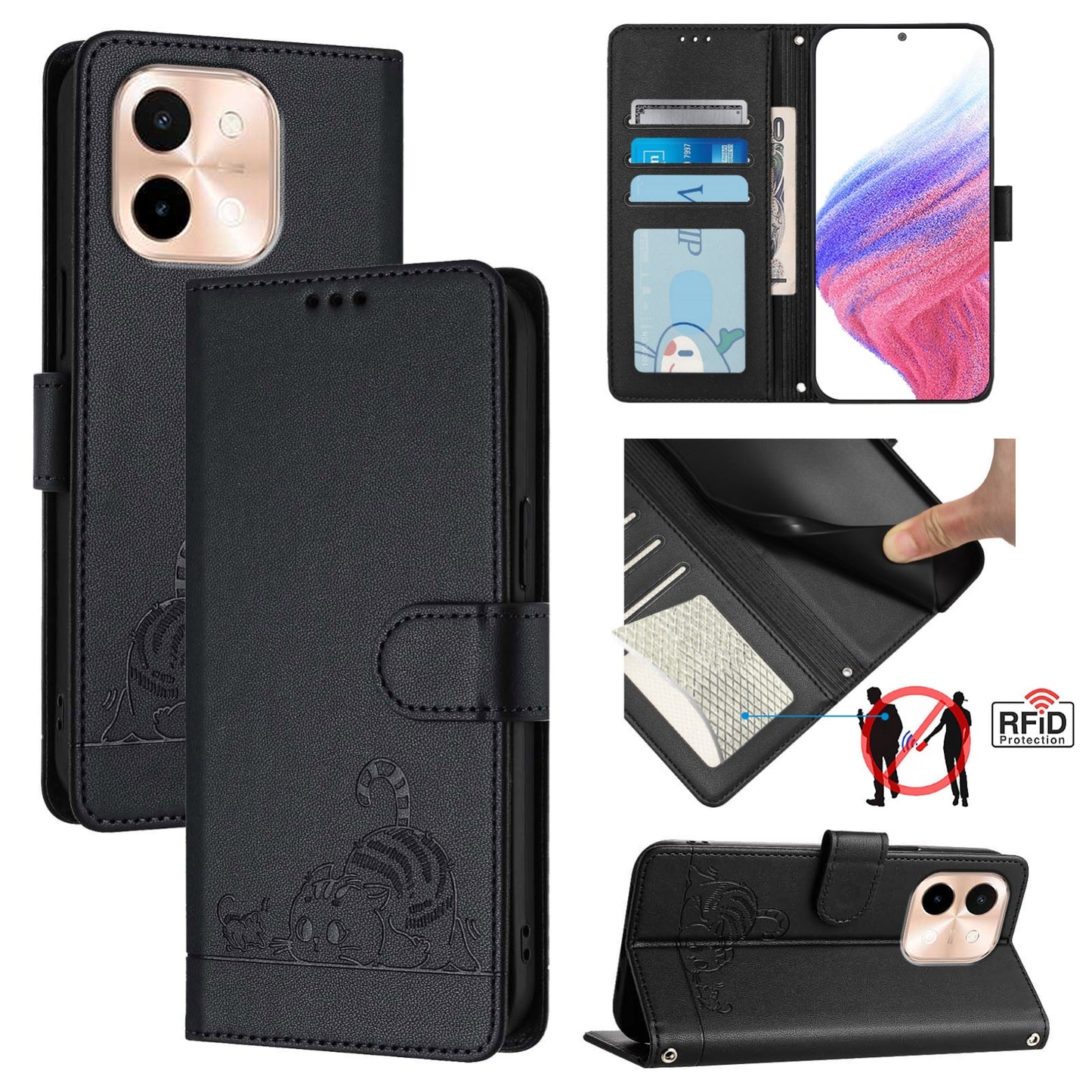 vivo Y28 4G Cat and Rat Embossed Pattern, RFID Leather Phone Case with Lanyard, Kickstand, and Wallet Features