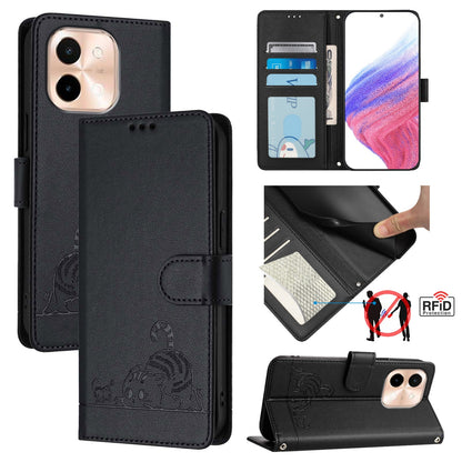 vivo Y28 4G Cat and Rat Embossed Pattern, RFID Leather Phone Case with Lanyard, Kickstand, and Wallet Features