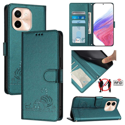 vivo Y28 4G Cat and Rat Embossed Pattern, RFID Leather Phone Case with Lanyard, Kickstand, and Wallet Features