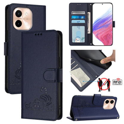 vivo Y28 4G Cat and Rat Embossed Pattern, RFID Leather Phone Case with Lanyard, Kickstand, and Wallet Features