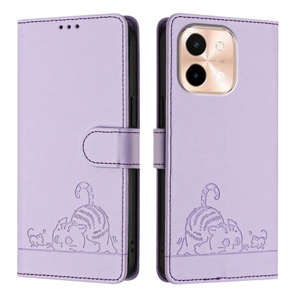 vivo Y28 4G Cat and Rat Embossed Pattern, RFID Leather Phone Case with Lanyard, Kickstand, and Wallet Features