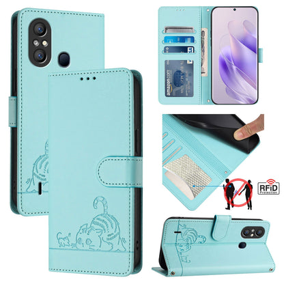 itel A58 Cat and Rat Embossed Pattern, RFID Leather Phone Case with Lanyard, Kickstand, and Wallet Features