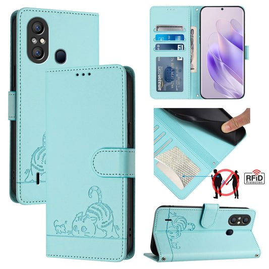 itel A58 Cat and Rat Embossed Pattern, RFID Leather Phone Case with Lanyard, Kickstand, and Wallet Features