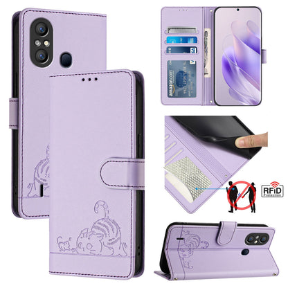 itel A58 Cat and Rat Embossed Pattern, RFID Leather Phone Case with Lanyard, Kickstand, and Wallet Features