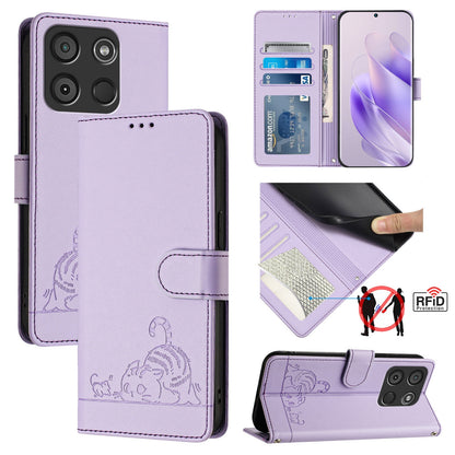 itel A60 Cat and Rat Embossed Pattern, RFID Leather Phone Case with Lanyard, Kickstand, and Wallet Features
