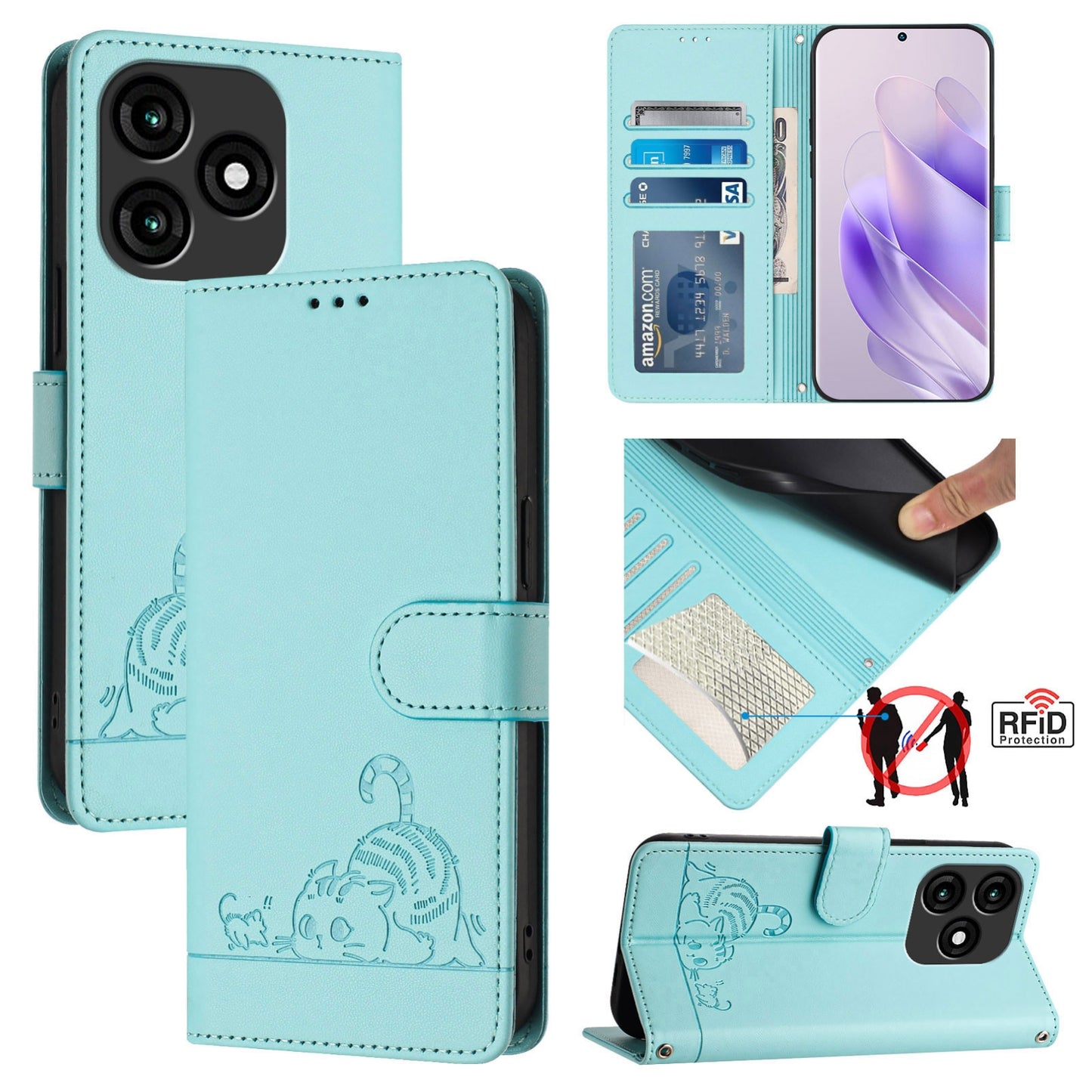 itel A70 Cat and Rat Embossed Pattern, RFID Leather Phone Case with Lanyard, Kickstand, and Wallet Features