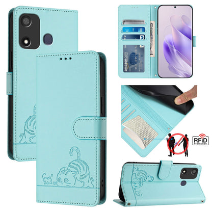 itel A27 Cat and Rat Embossed Pattern, RFID Leather Phone Case with Lanyard, Kickstand, and Wallet Features