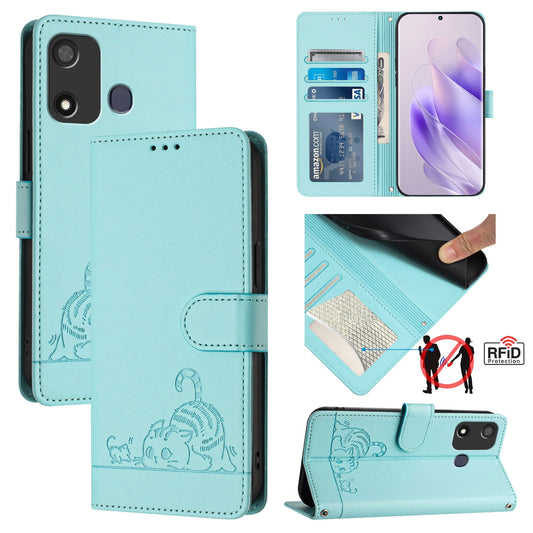 itel A27 Cat and Rat Embossed Pattern, RFID Leather Phone Case with Lanyard, Kickstand, and Wallet Features