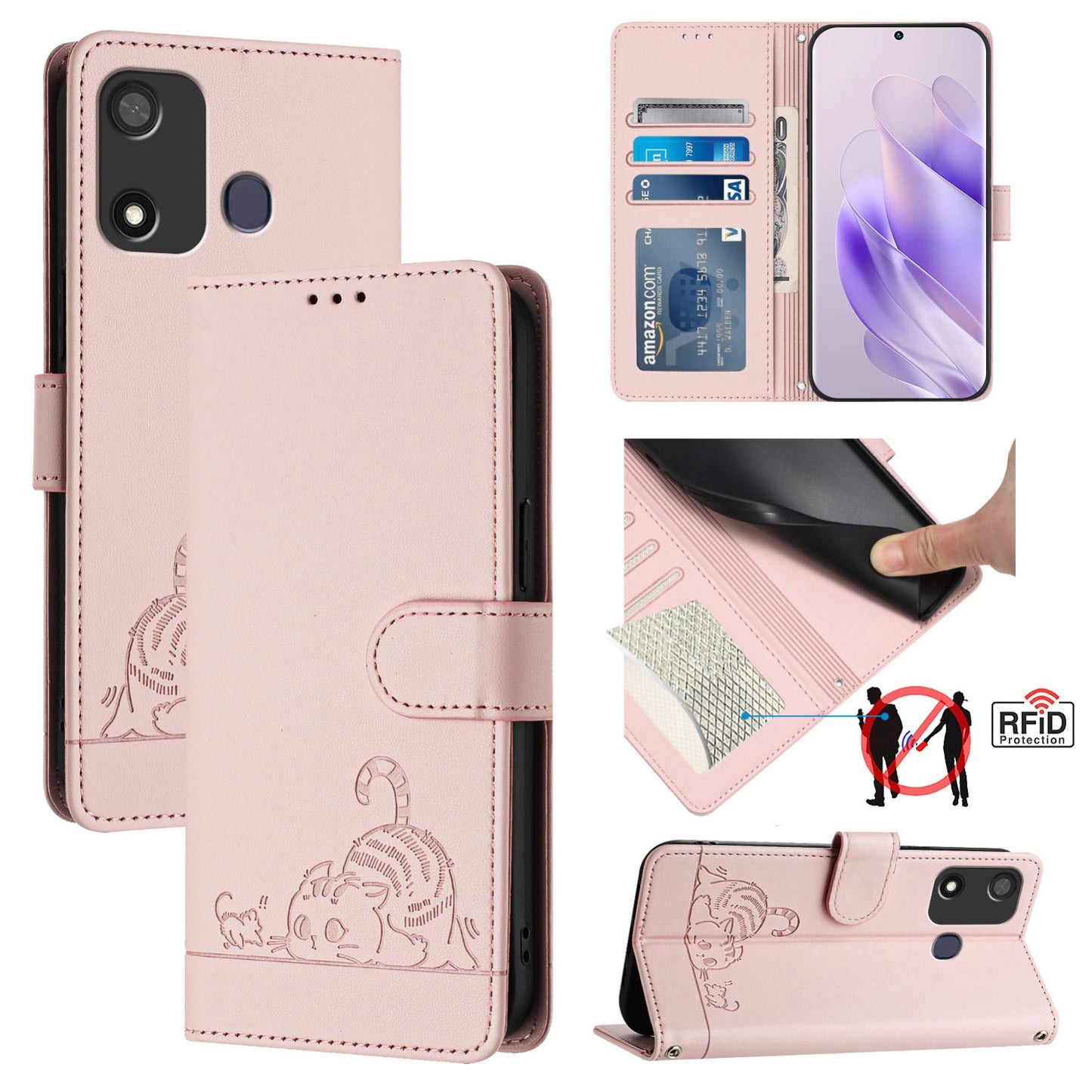 itel A27 Cat and Rat Embossed Pattern, RFID Leather Phone Case with Lanyard, Kickstand, and Wallet Features