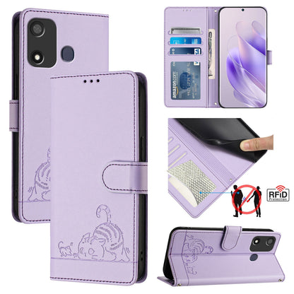 itel P17 Cat and Rat Embossed Pattern, RFID Leather Phone Case with Lanyard, Kickstand, and Wallet Features