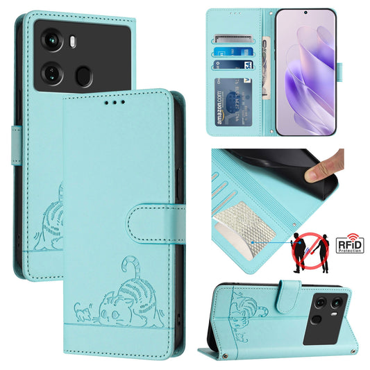 itel P40 Cat and Rat Embossed Pattern, RFID Leather Phone Case with Lanyard, Kickstand, and Wallet Features