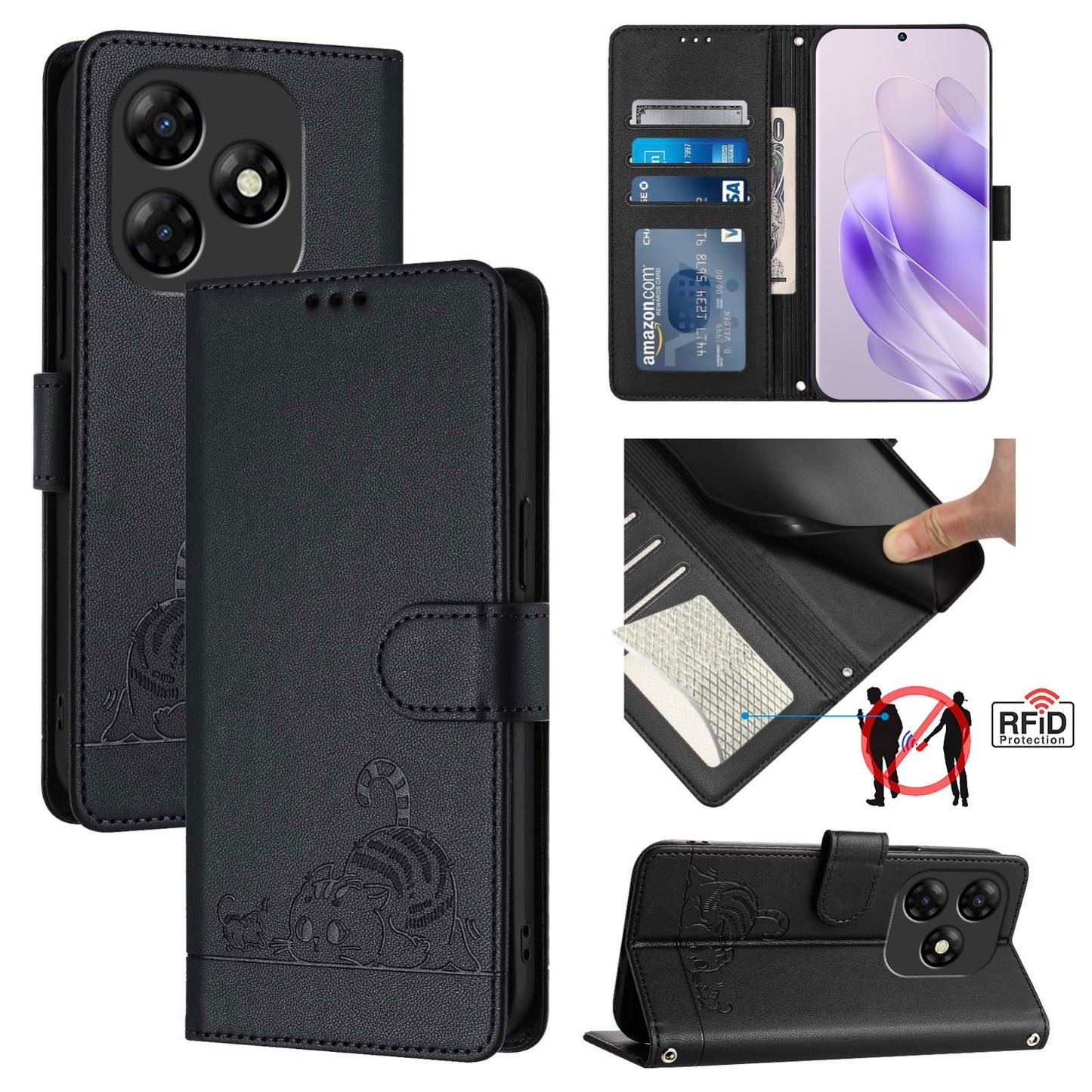 itel P55 4G Cat and Rat Embossed Pattern, RFID Leather Phone Case with Lanyard, Kickstand, and Wallet Features