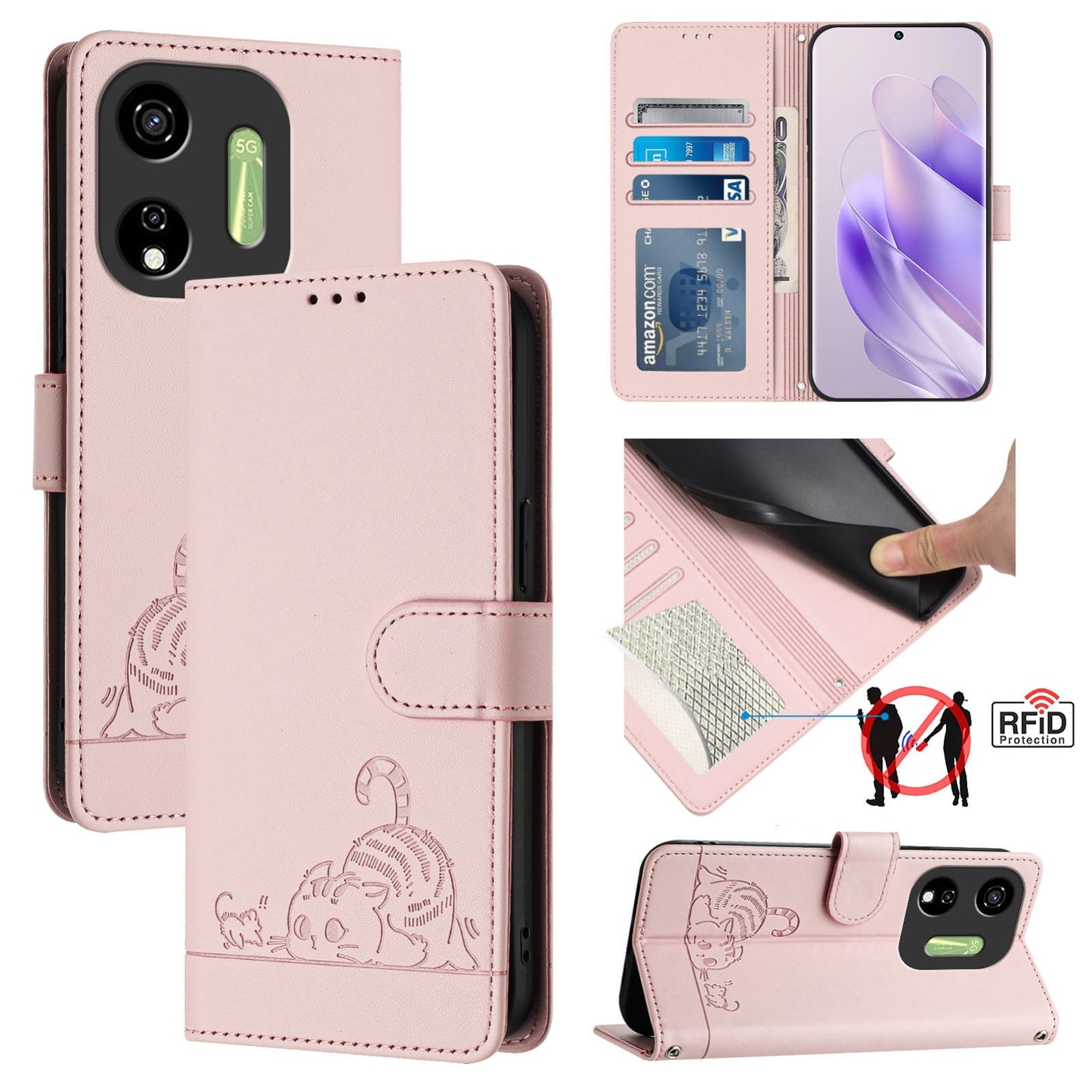 itel P55 5G Cat and Rat Embossed Pattern, RFID Leather Phone Case with Lanyard, Kickstand, and Wallet Features