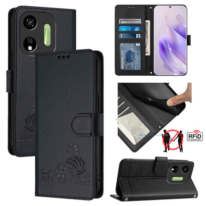 itel P55 5G Cat and Rat Embossed Pattern, RFID Leather Phone Case with Lanyard, Kickstand, and Wallet Features