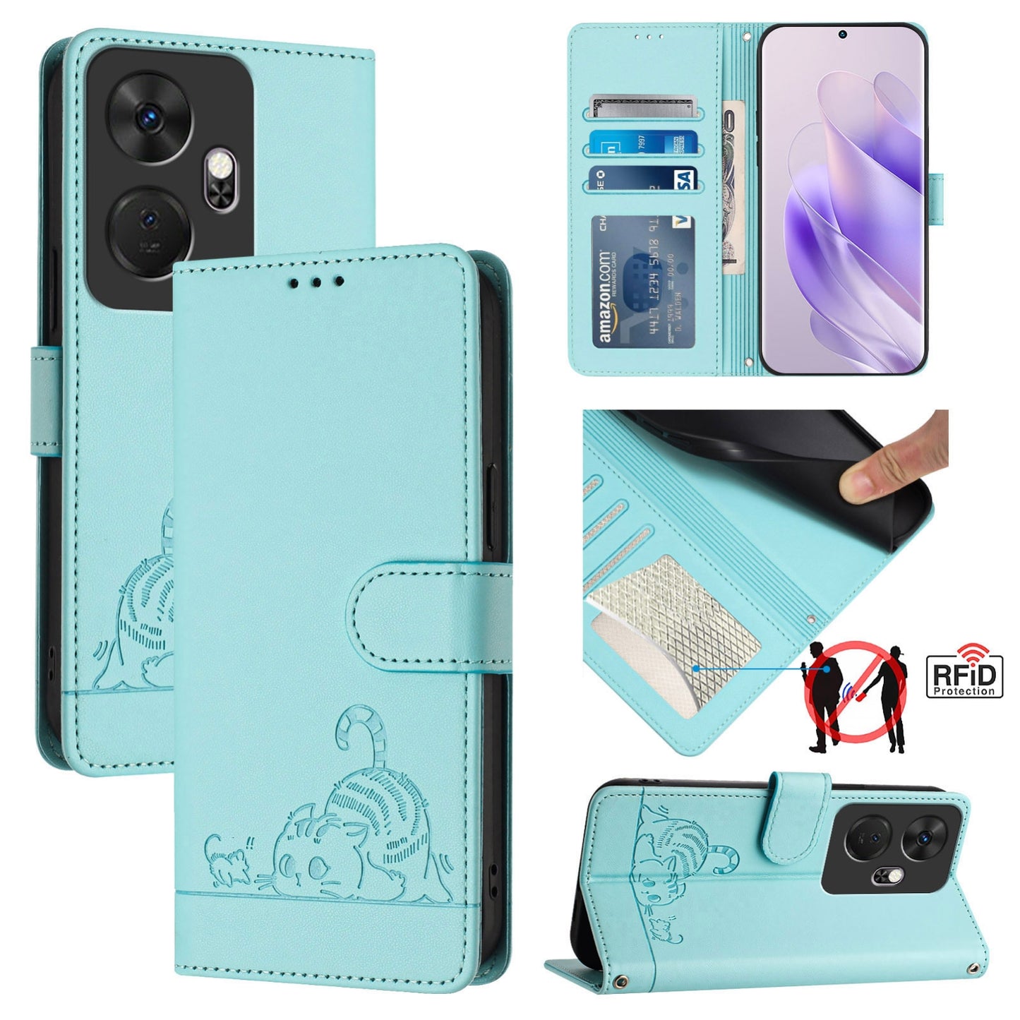 itel P55+ Cat and Rat Embossed Pattern, RFID Leather Phone Case with Lanyard, Kickstand, and Wallet Features