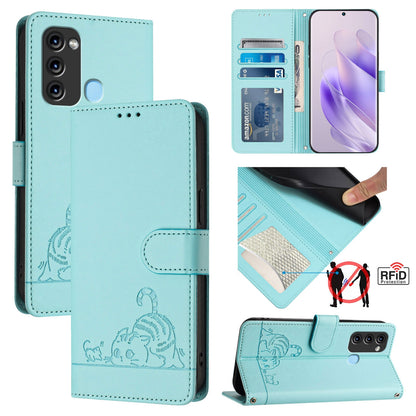 itel Vision 3 Cat and Rat Embossed Pattern, RFID Leather Phone Case with Lanyard, Kickstand, and Wallet Features