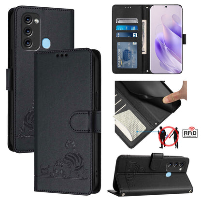 itel Vision 3 Cat and Rat Embossed Pattern, RFID Leather Phone Case with Lanyard, Kickstand, and Wallet Features