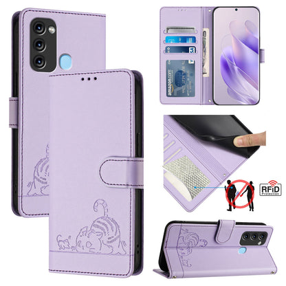 itel Vision 3 Cat and Rat Embossed Pattern, RFID Leather Phone Case with Lanyard, Kickstand, and Wallet Features