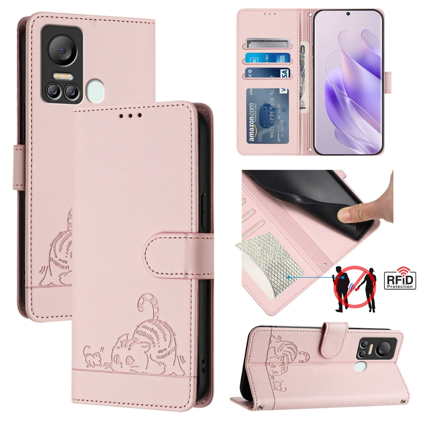 itel S18 Cat and Rat Embossed Pattern, RFID Leather Phone Case with Lanyard, Kickstand, and Wallet Features