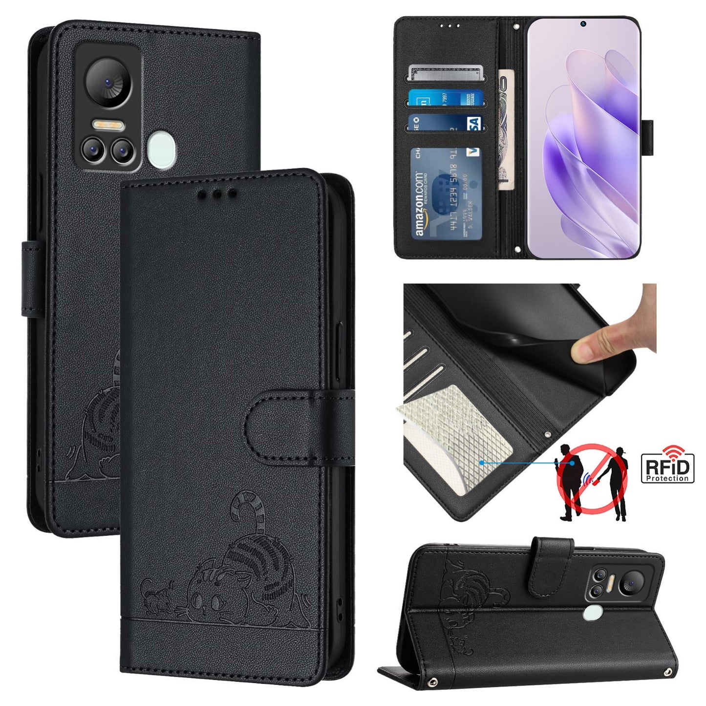 itel S18 Cat and Rat Embossed Pattern, RFID Leather Phone Case with Lanyard, Kickstand, and Wallet Features