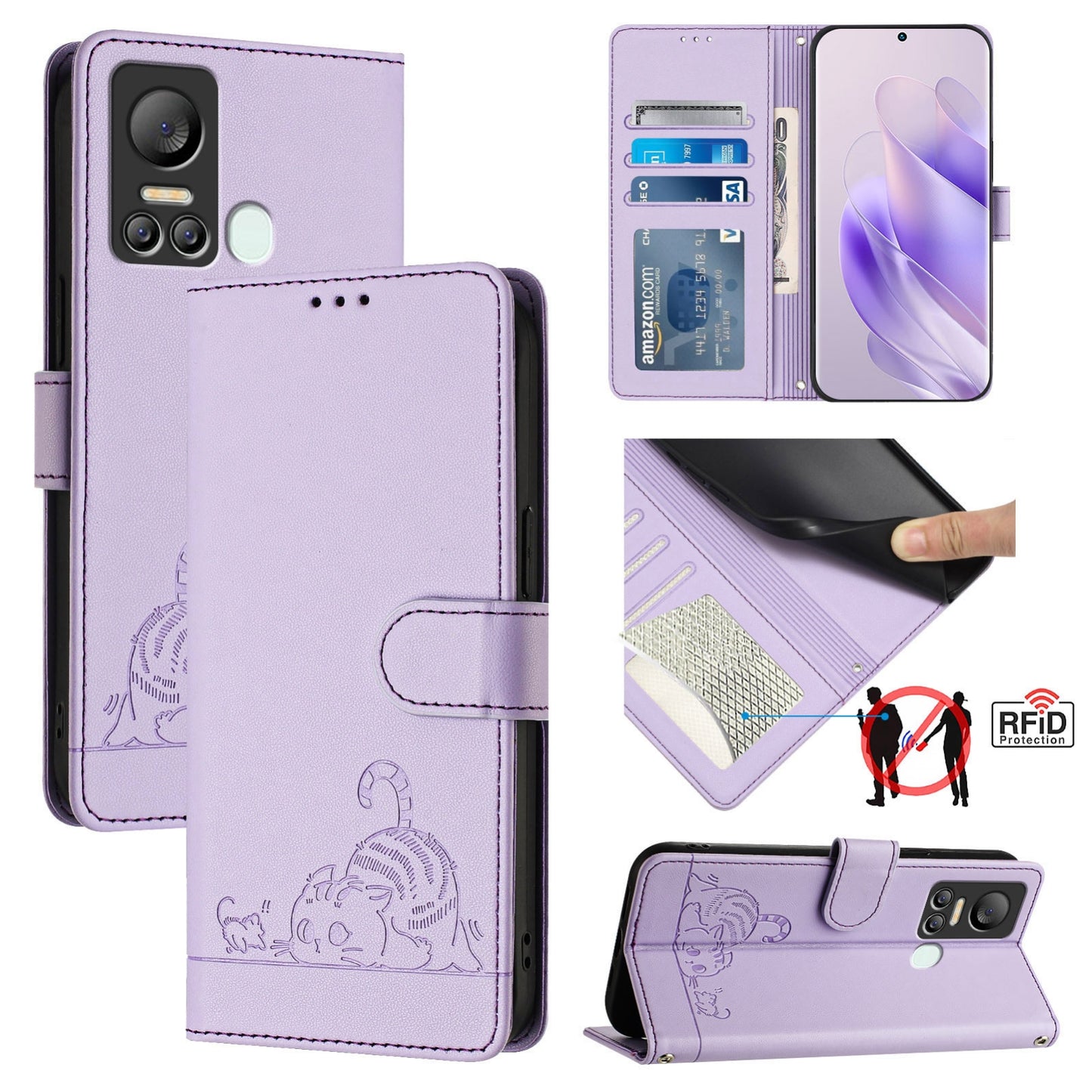 itel S18 Cat and Rat Embossed Pattern, RFID Leather Phone Case with Lanyard, Kickstand, and Wallet Features