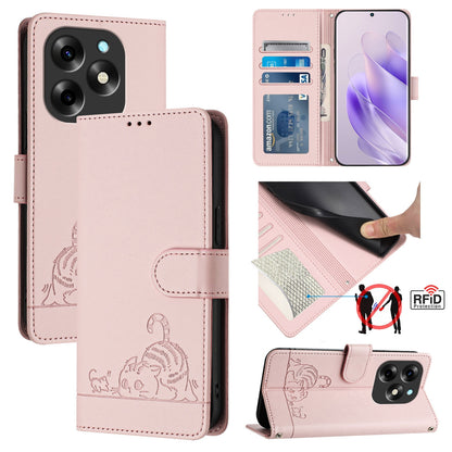 itel S23+ Cat and Rat Embossed Pattern, RFID Leather Phone Case with Lanyard, Kickstand, and Wallet Features