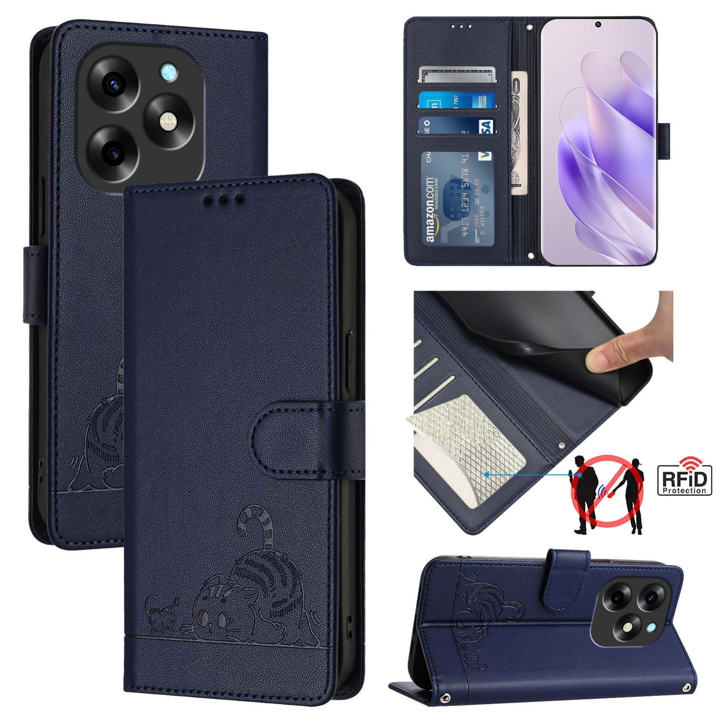 itel S23+ Cat and Rat Embossed Pattern, RFID Leather Phone Case with Lanyard, Kickstand, and Wallet Features