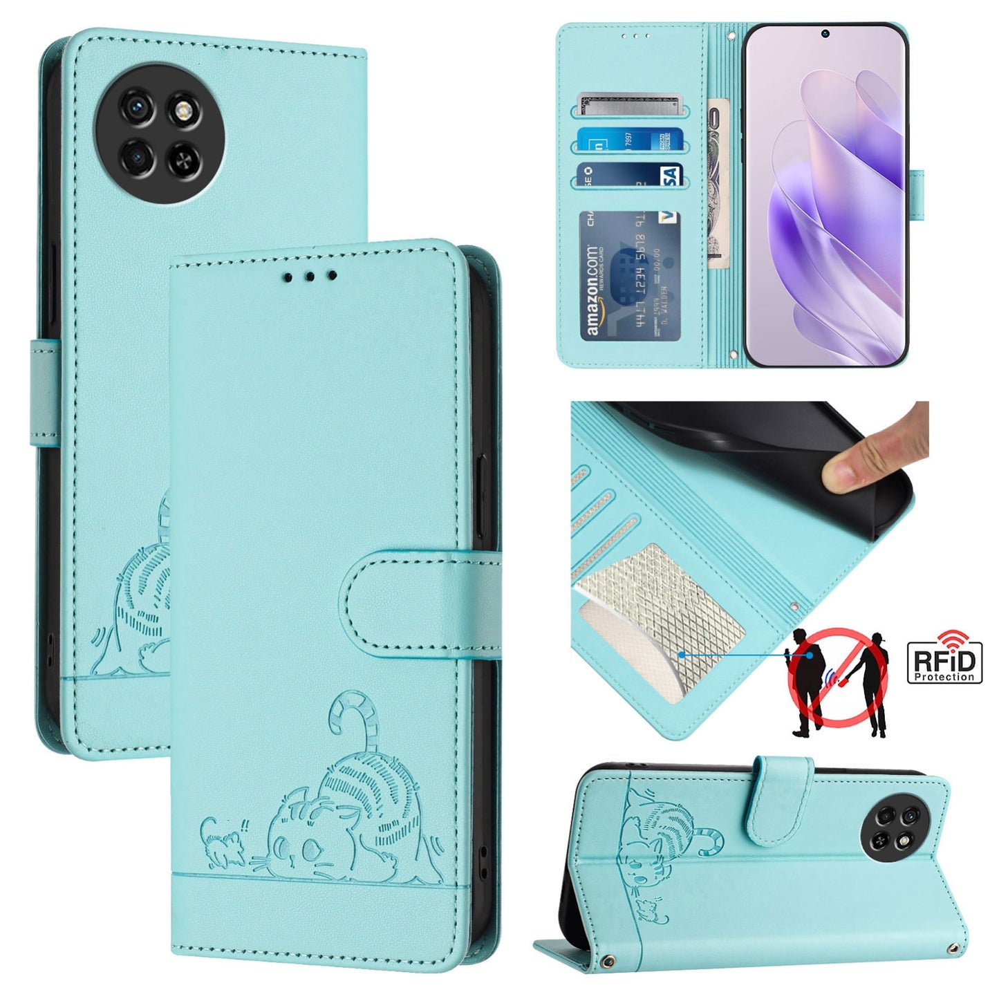 itel S23 S665L Cat and Rat Embossed Pattern, RFID Leather Phone Case with Lanyard, Kickstand, and Wallet Features
