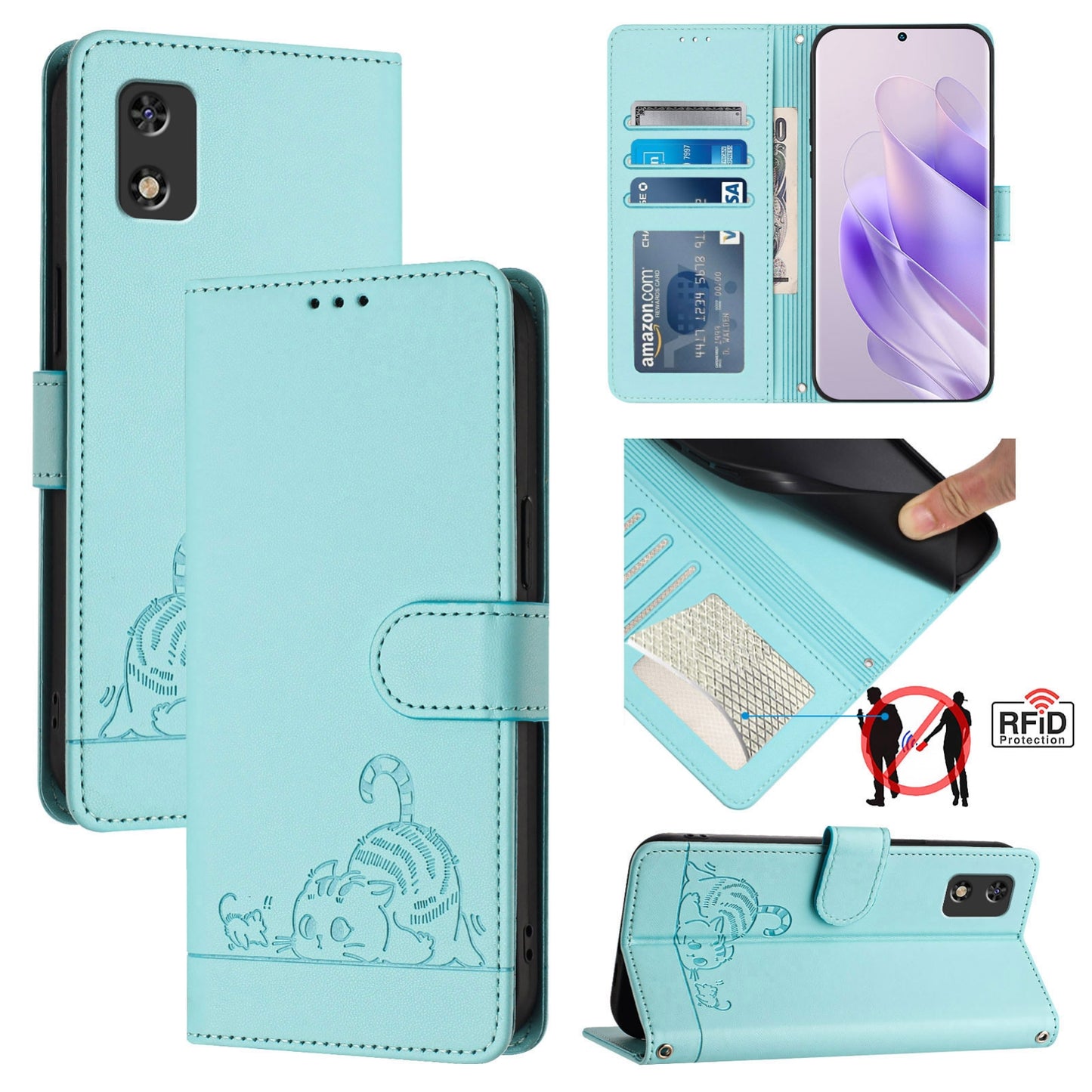itel A17 Cat and Rat Embossed Pattern, RFID Leather Phone Case with Lanyard, Kickstand, and Wallet Features