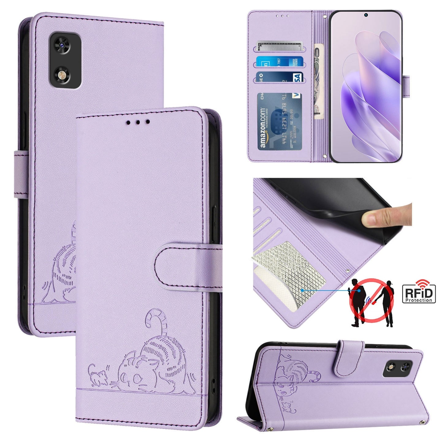 itel A17 Cat and Rat Embossed Pattern, RFID Leather Phone Case with Lanyard, Kickstand, and Wallet Features