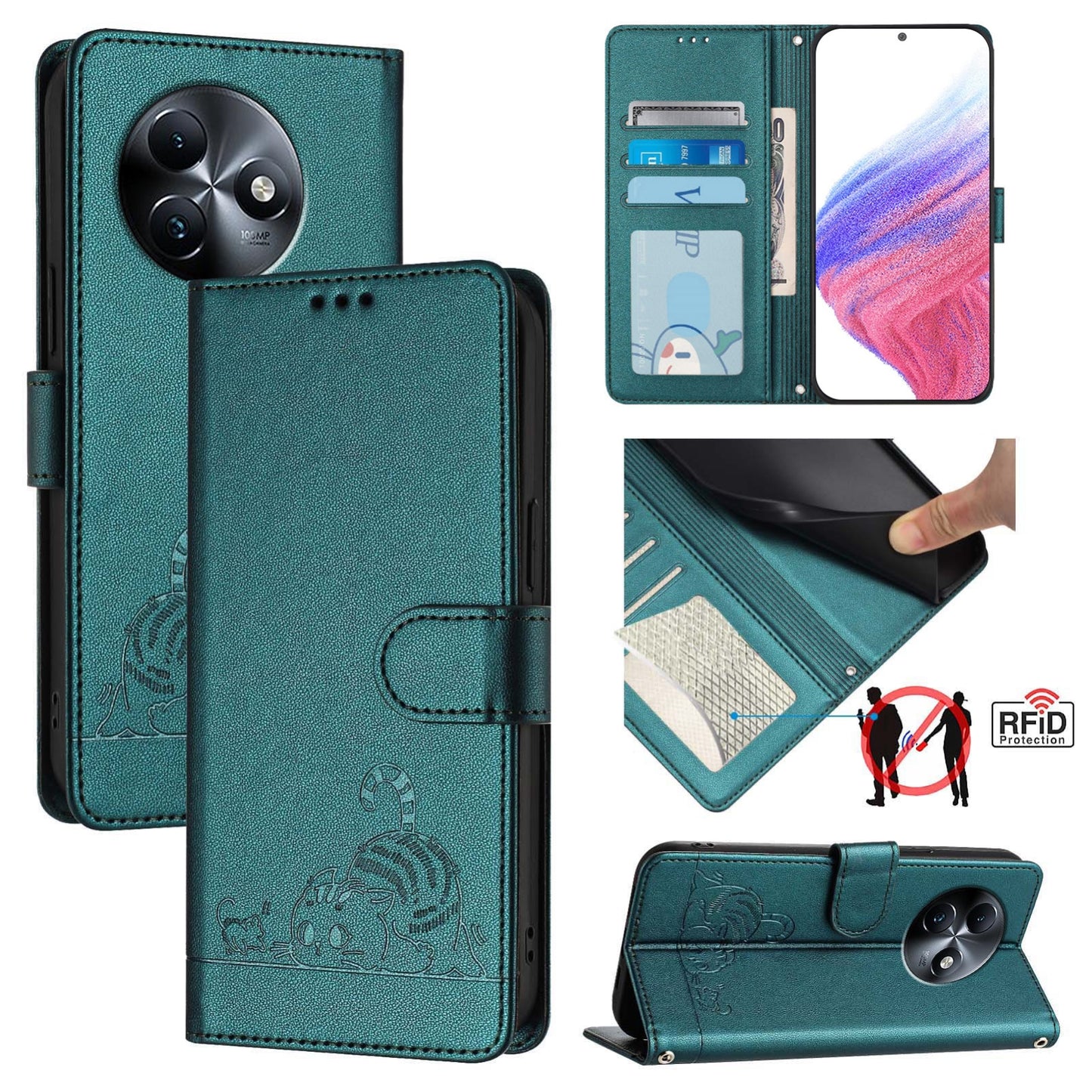 itel S24 Cat and Rat Embossed Pattern, RFID Leather Phone Case with Lanyard, Kickstand, and Wallet Features