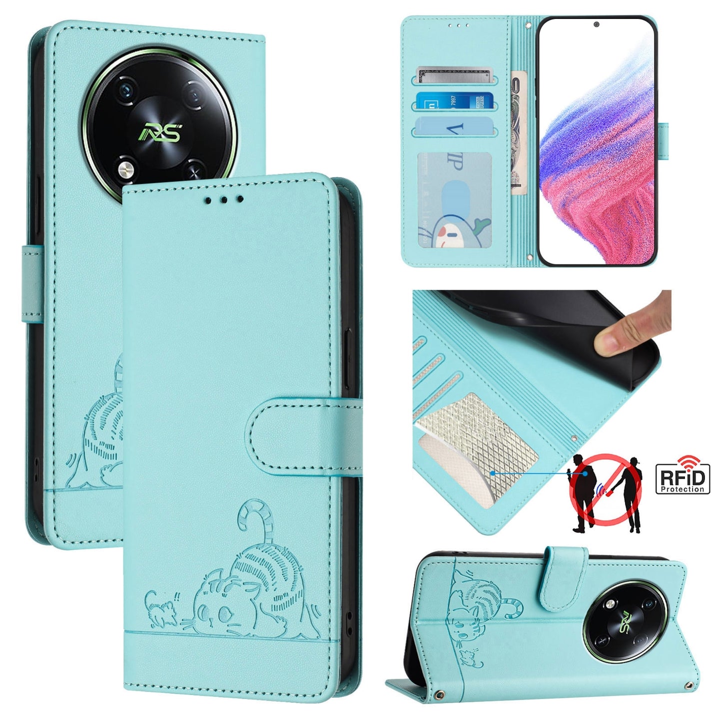 itel RS4 Cat and Rat Embossed Pattern, RFID Leather Phone Case with Lanyard, Kickstand, and Wallet Features