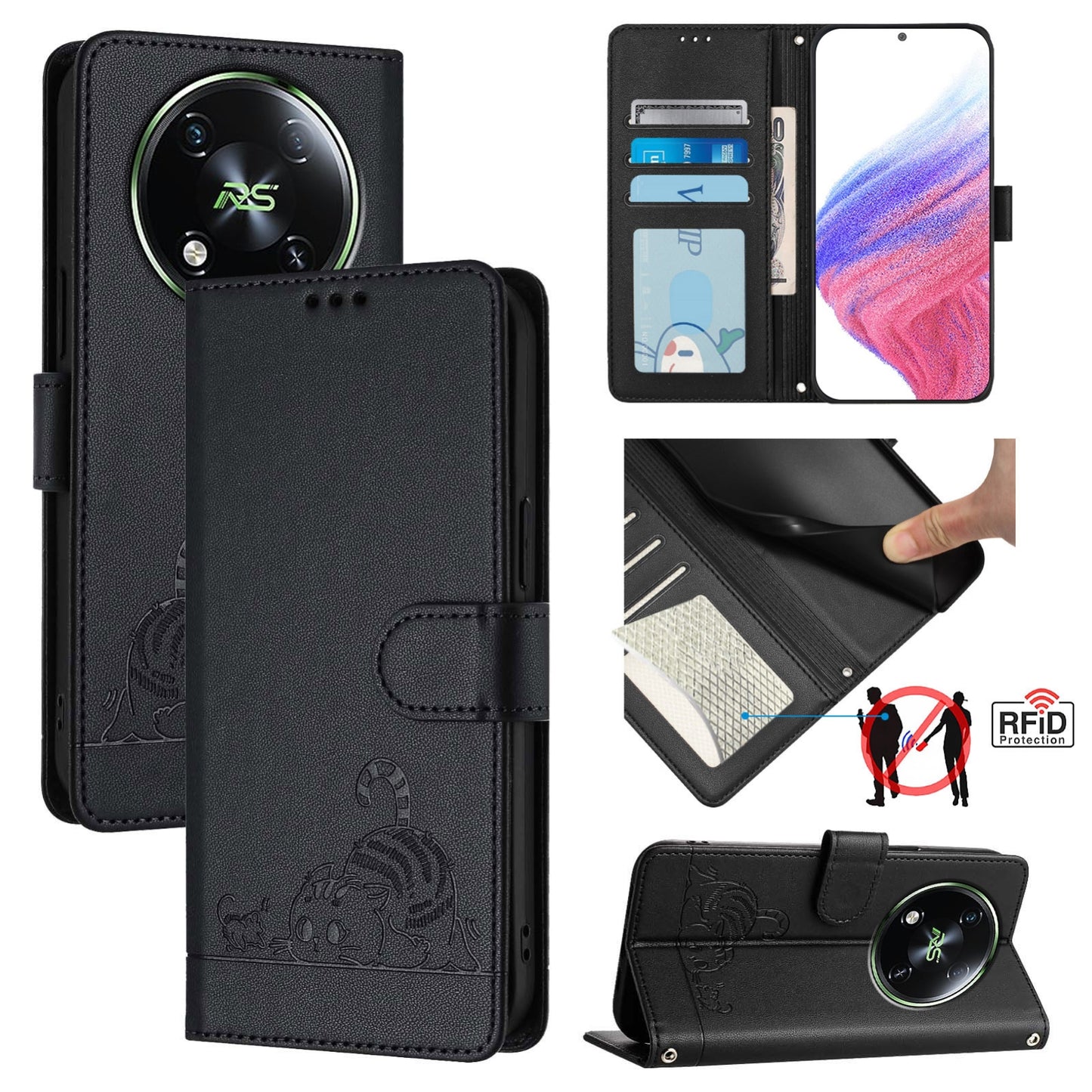 itel RS4 Cat and Rat Embossed Pattern, RFID Leather Phone Case with Lanyard, Kickstand, and Wallet Features