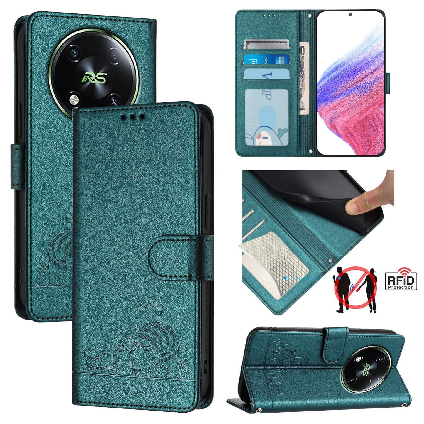 itel S666LN Cat and Rat Embossed Pattern, RFID Leather Phone Case with Lanyard, Kickstand, and Wallet Features