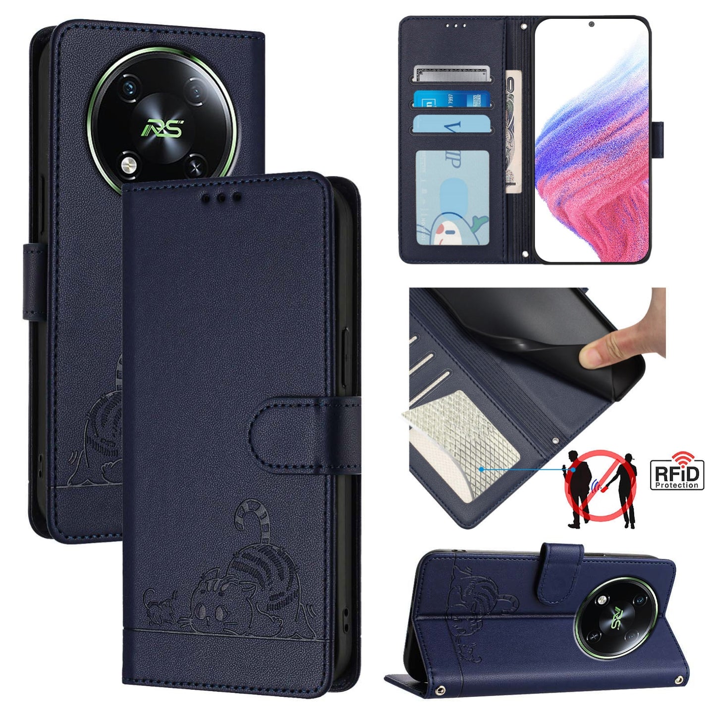 itel S666LN Cat and Rat Embossed Pattern, RFID Leather Phone Case with Lanyard, Kickstand, and Wallet Features